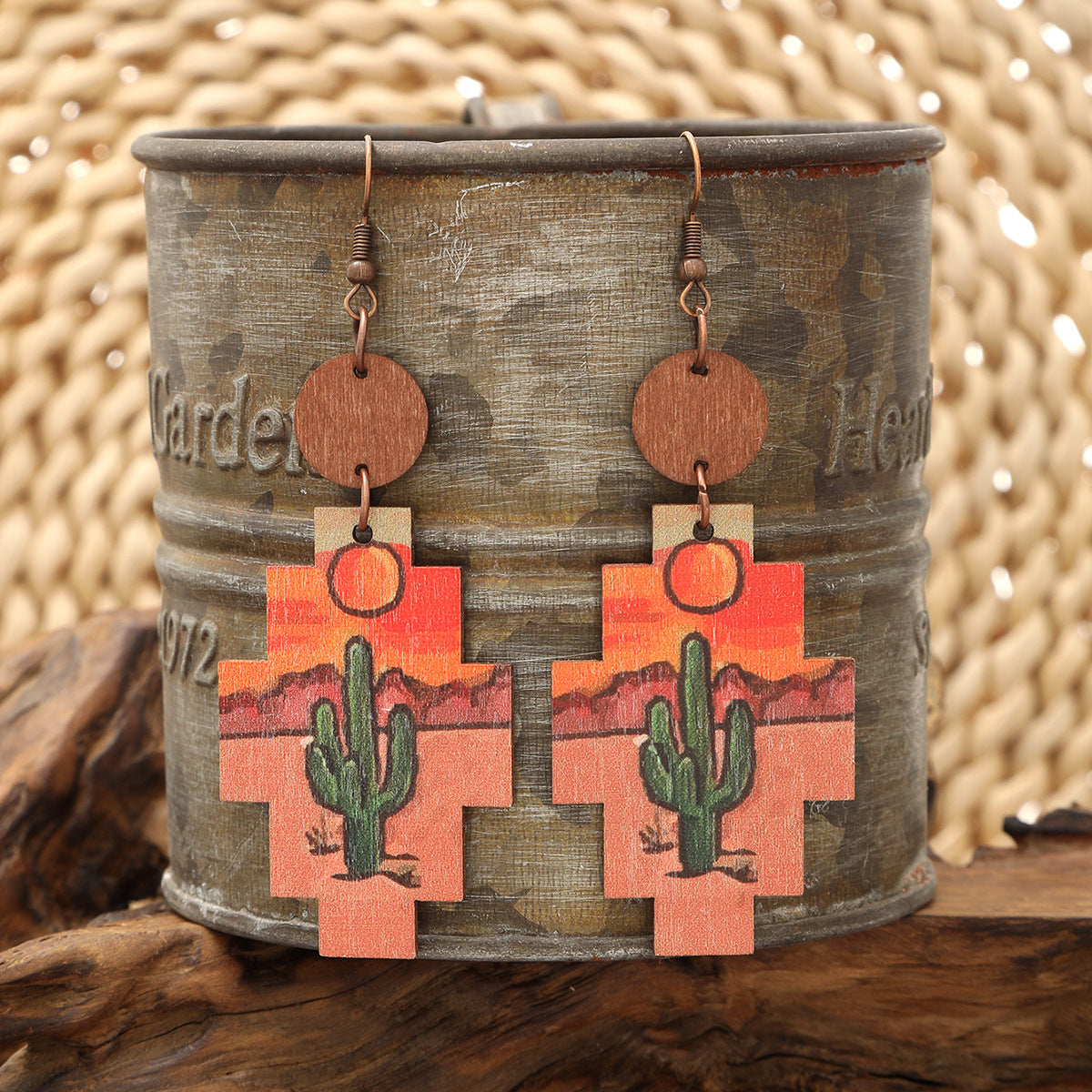Wholesale Western style cactus sunflower earrings wooden earrings